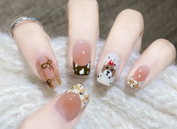 格紋手繪小熊美甲教程，南寧美甲教學(xué)分享